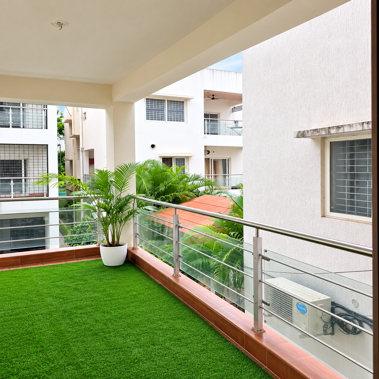 Modern balcony, apartment balcony, spacious balcony, balcony interior, balcony design, contemporary balcony, outdoor living space, covered balcony, private balcony, green balcony, artificial grass balcony, balcony turf, rooftop-style balcony, balcony garden, balcony plants, potted palm, indoor outdoor plants, tropical balcony, balcony greenery, relaxing balcony, peaceful outdoor space, bright balcony, naturally lit balcony, airy balcony, open balcony, glass railing, stainless steel railing, modern railing design, balcony safety railing, residential balcony, apartment terrace, terrace garden, terrace design, urban outdoor space, city apartment balcony, modern home exterior, clean balcony, well-maintained balcony, spacious terrace, leisure space, relaxation area, morning coffee balcony, reading space, student-friendly balcony, student accommodation balcony, business professional retreat, work-from-home balcony, professional relaxation space, fresh air space, green outdoor area, modern residential property.